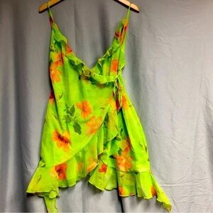 White fox Large chartreuse, and peach floral wrap top